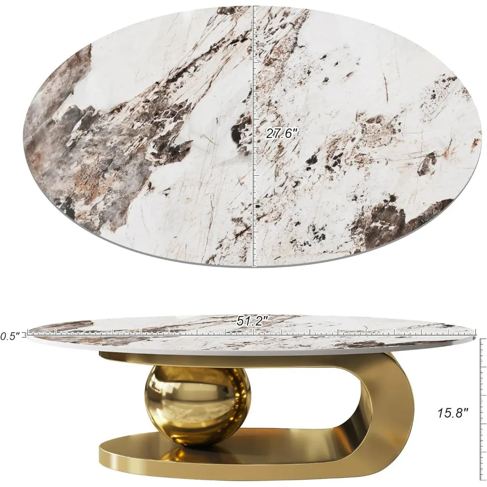 Modern Oval Coffee Table Faux Marble Sintered Stone Gold Base 51.2"