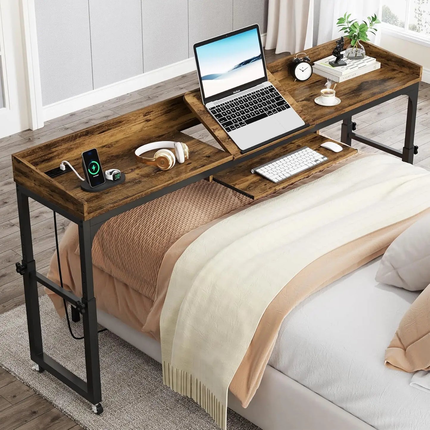 Height Adjustable Overbed Table with Wheels Mobile Laptop Desk Cart
