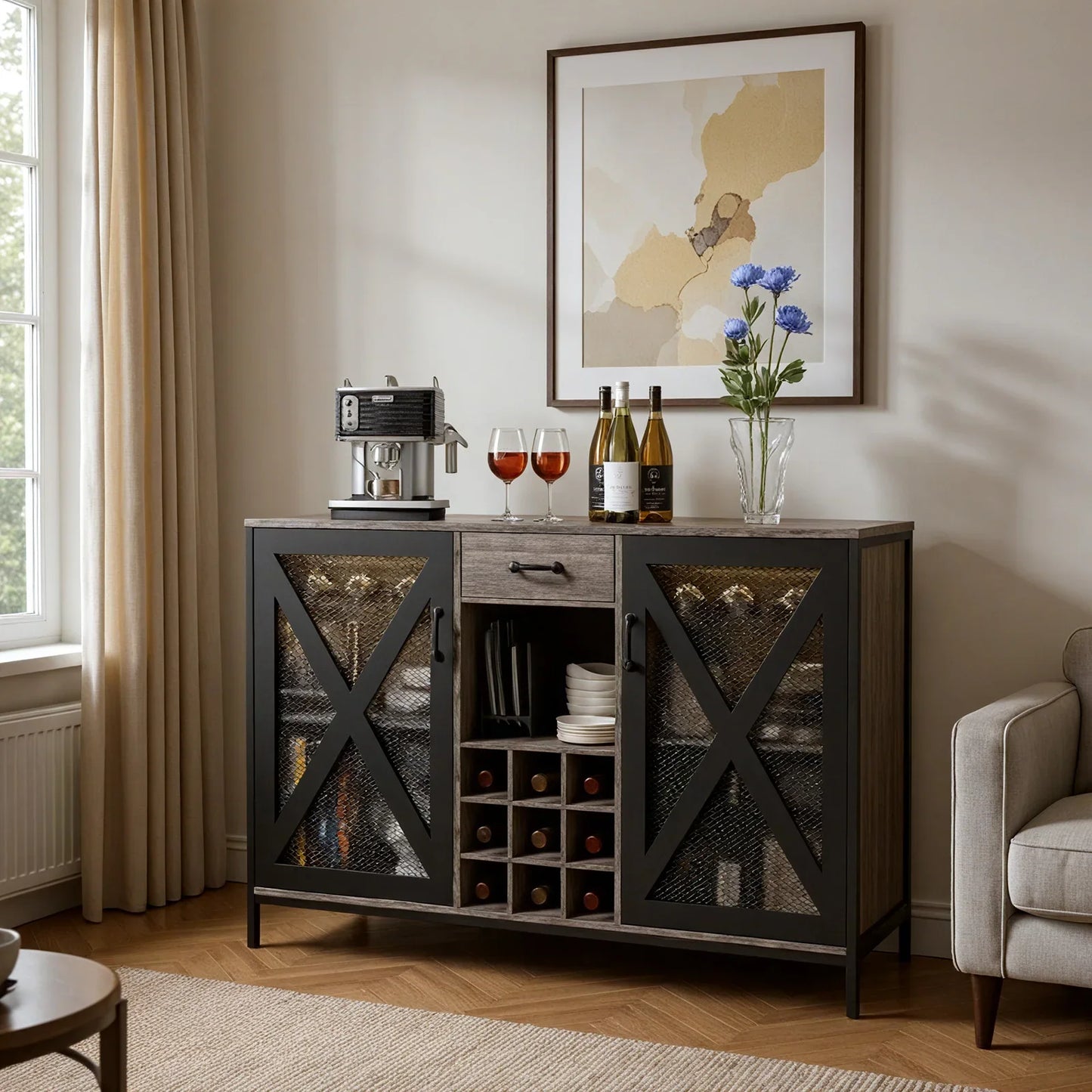 55 Inch Vintage Wooden Bar Cabinet with Drawer for Kitchen Dining Room