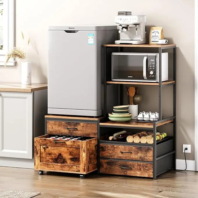 Mini Fridge Stand with Wine Rack and Power Outlet for Kitchen and Office