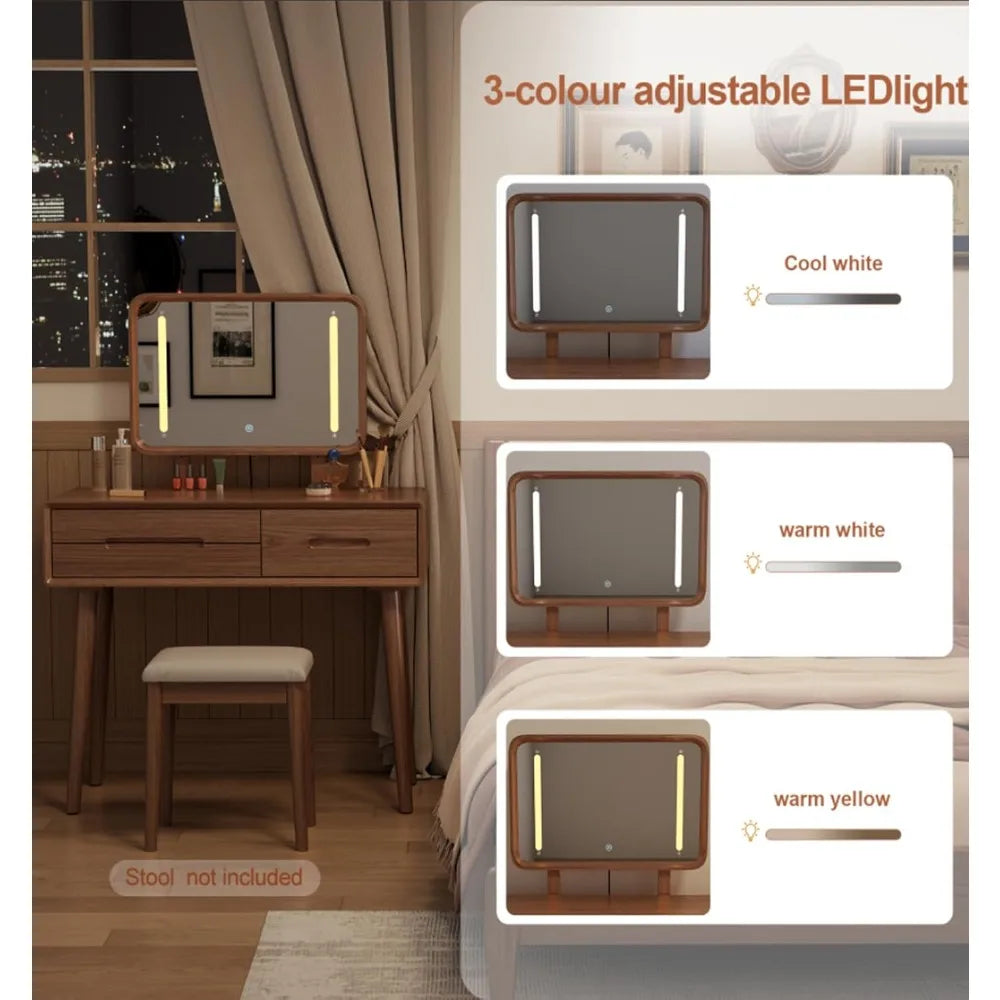 Solid Wood Makeup Vanity Desk with Adjustable LED Mirror Lighting