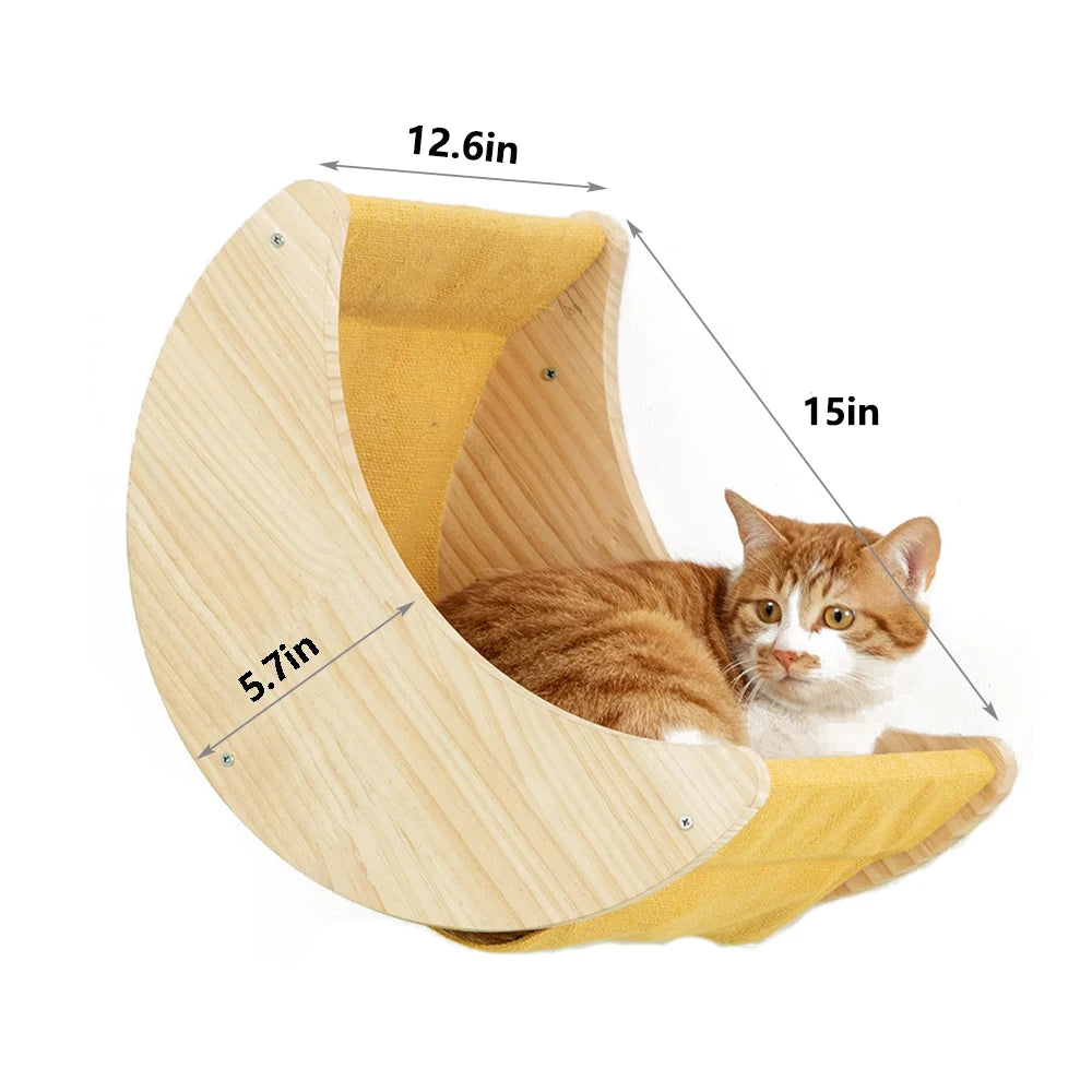 Cat Wall Shelf Moon Shaped Hammock Solid Wood Climbing Steps Indoor Furniture