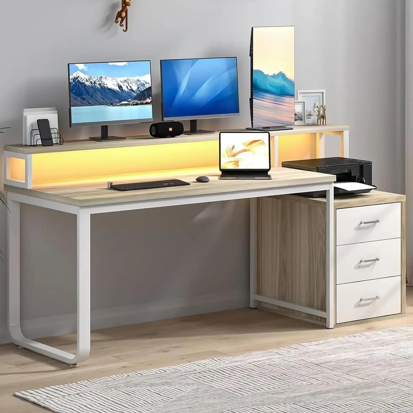 67 Inch Computer Desk with LED Lights and Drawer for Home Office
