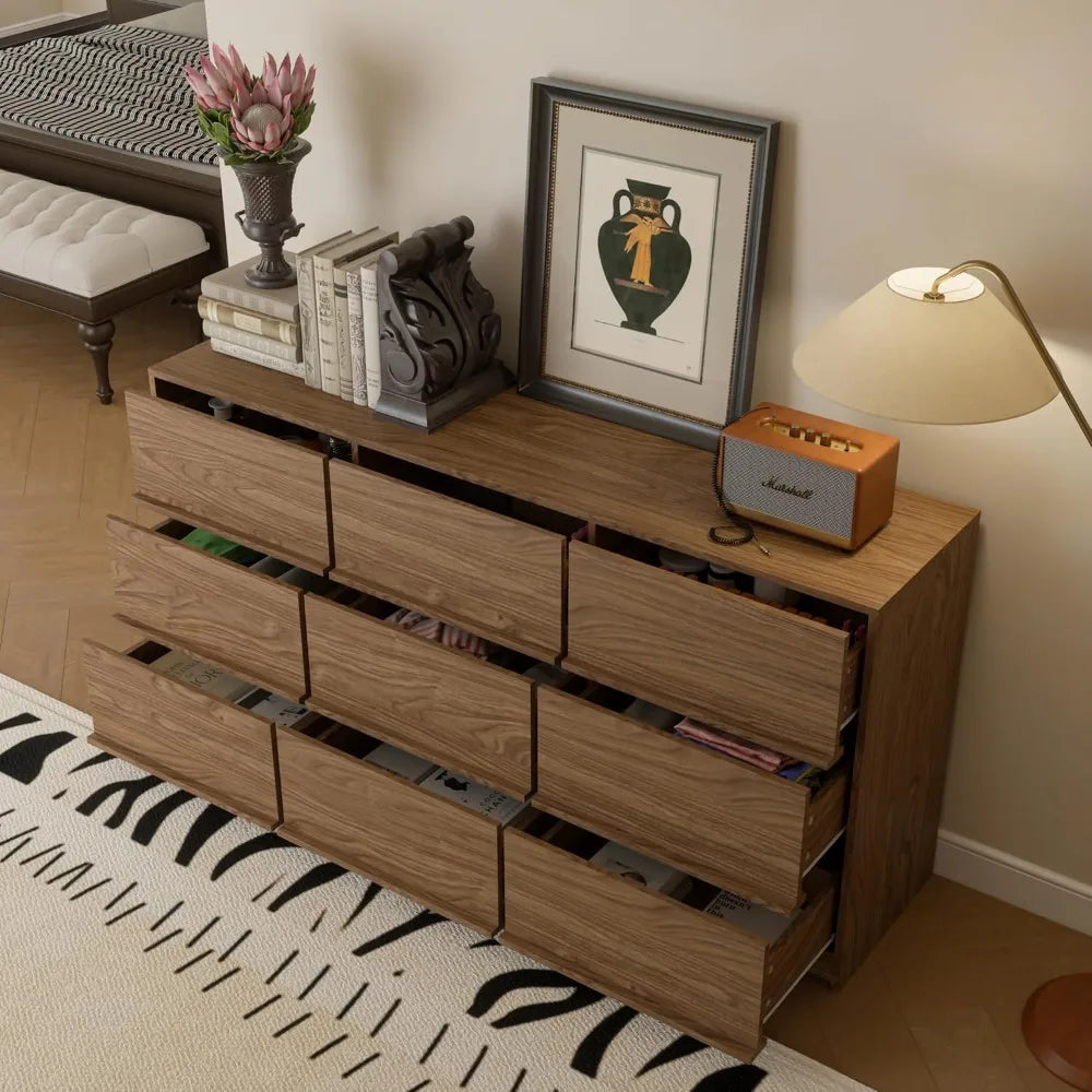 9 Drawer Walnut Dresser Large Storage Chest Modern Bedroom Organizer