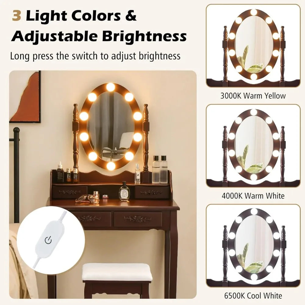 Vanity Table Set Lighted Mirror Adjustable Brightness Makeup Desk