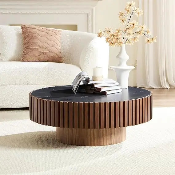 Modern Round Walnut Coffee Table Solid Wood Pedestal for Small Spaces