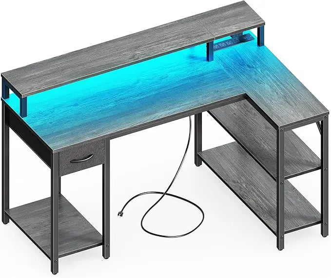 L Shaped Desk with LED Lights Power Outlets Monitor Stand Gaming Desk