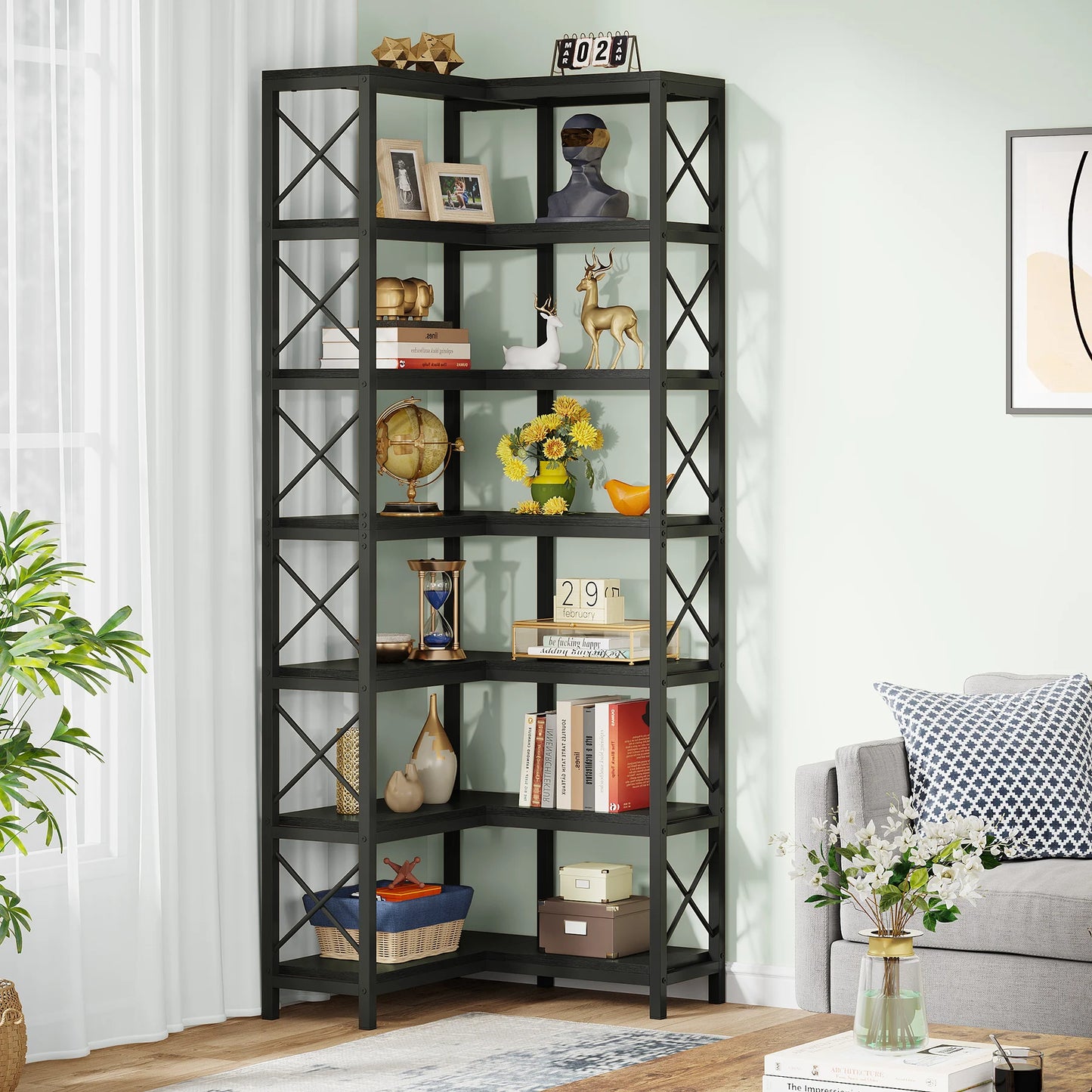 Ljustra 7-Shelf Corner Bookshelf Modern Corner Bookcase Storage Rack