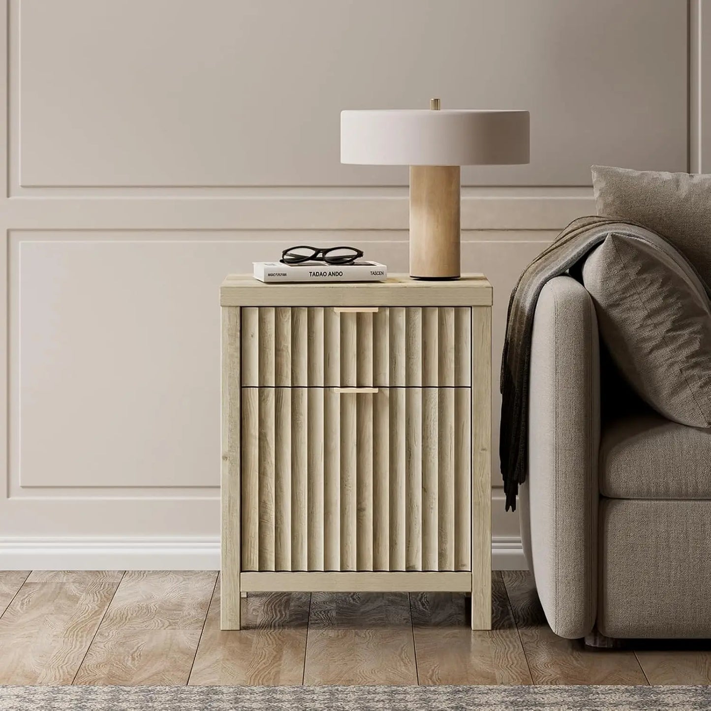 Nightstand Set of 2 Fluted Modern End Tables with Charging Station