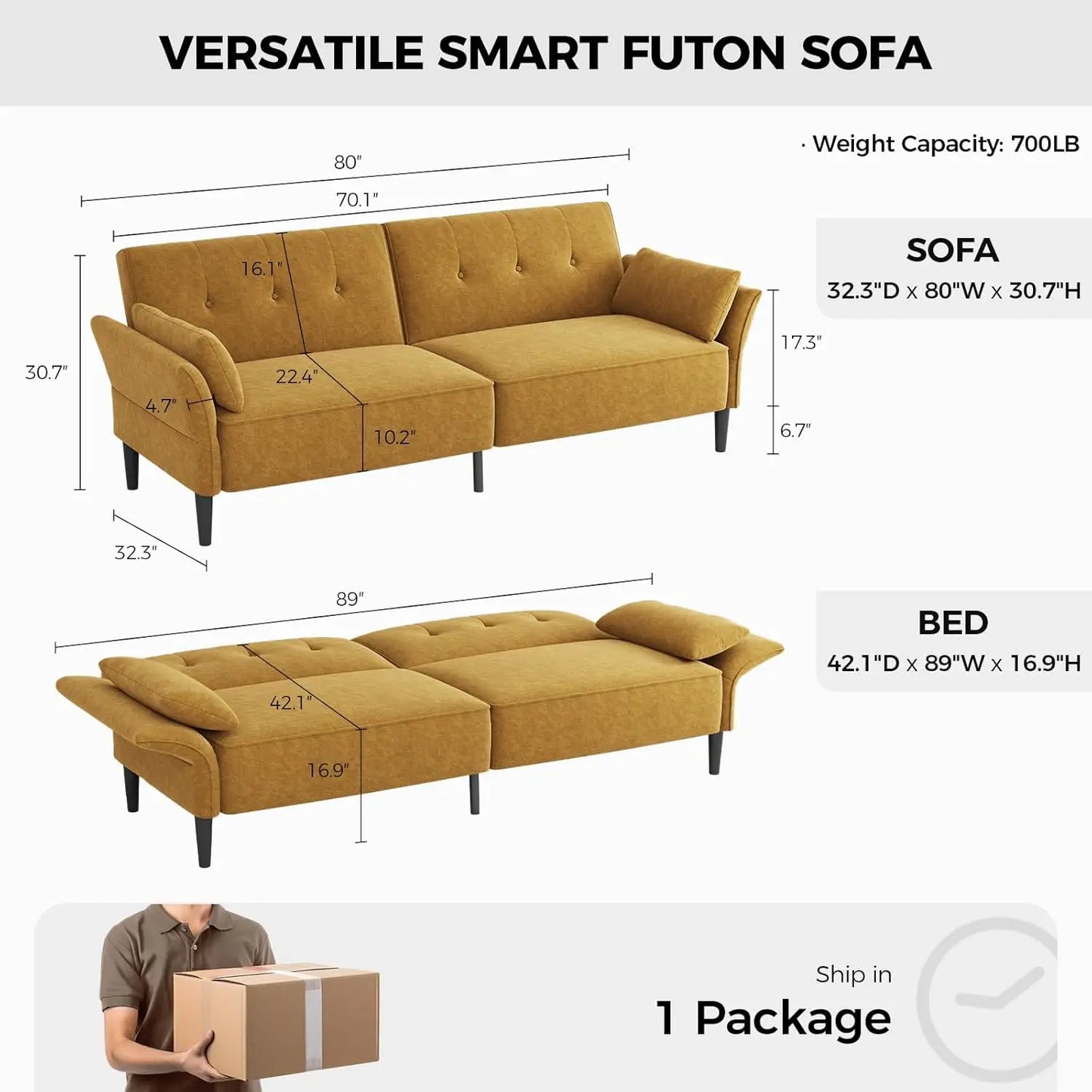 89" Convertible Futon Sofa Bed – Adjustable Back & Armrests, Yellow Sleeper Couch w/ Pillows