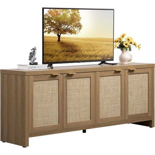 TV Stand Rattan Entertainment Center for Living Room Bedroom Storage