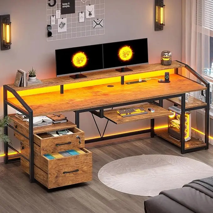 63 Inch Computer Desk with Lockable Drawers LED Lights Power Outlet Gaming