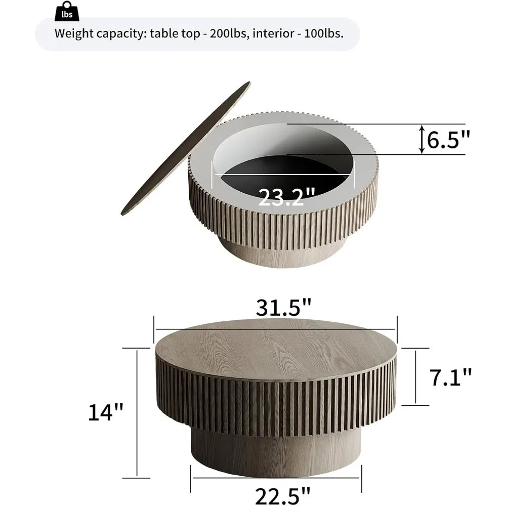 Modern Round Coffee Table Solid Wood Grey 31.5 Inch for Living Room
