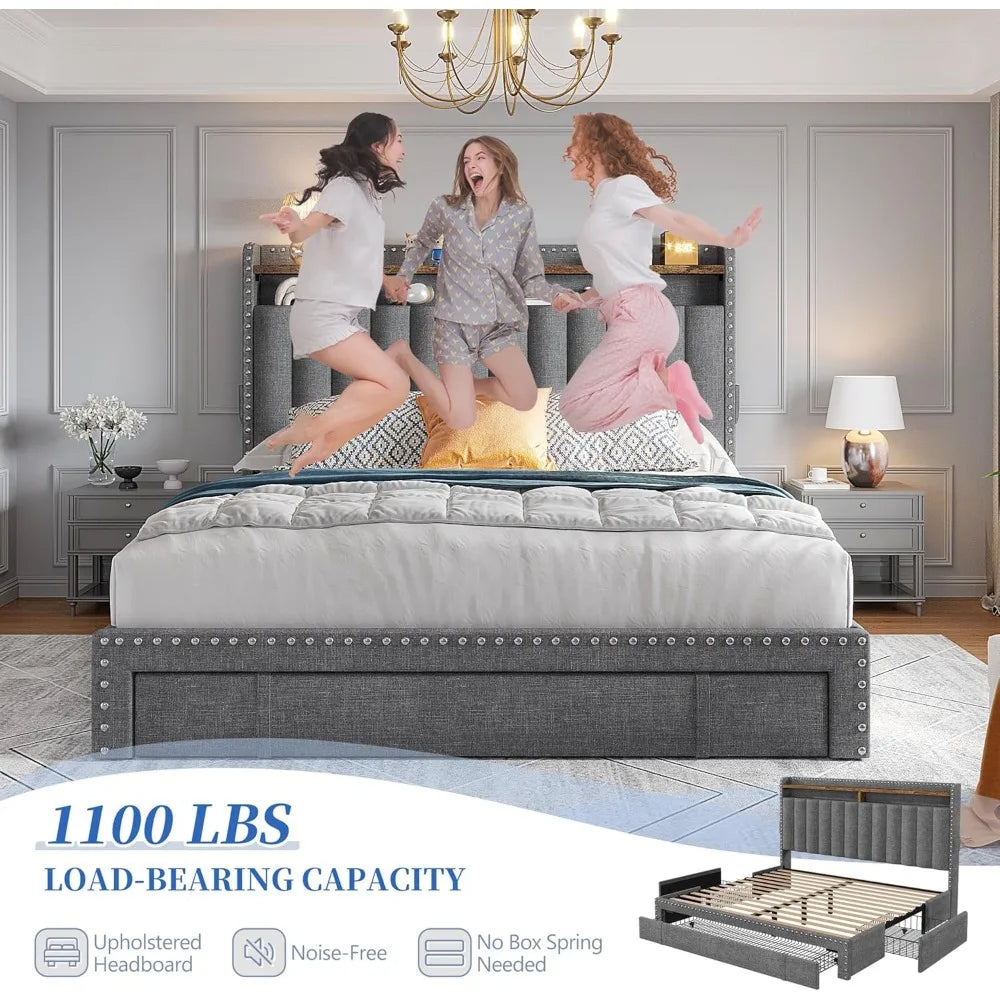 Ljustra Upholstered Queen Bed Frame with 3 Storage Drawers Strong Support