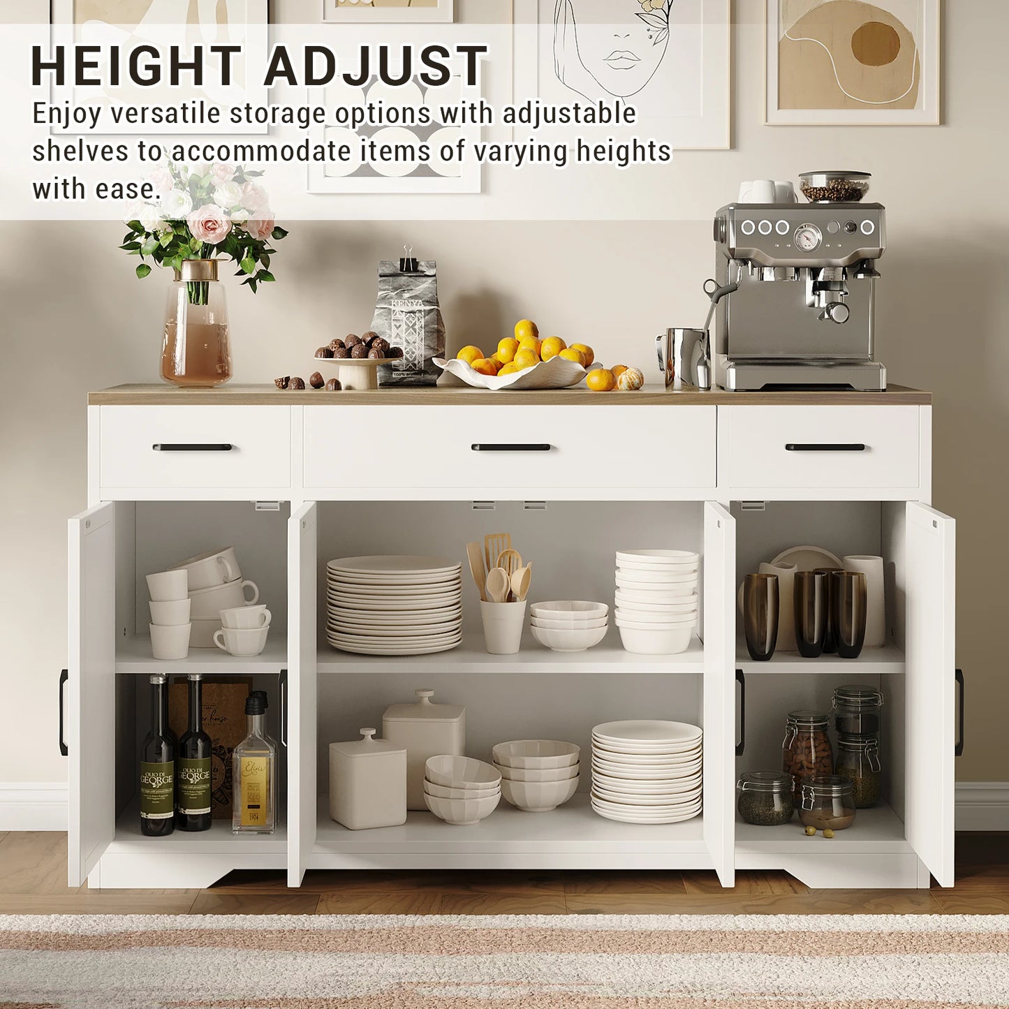 Buffet Cabinet with Storage 55 Inch Sideboard with 3 Drawers 4 Doors