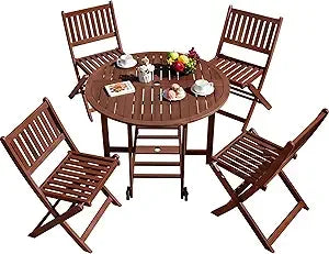 5 Piece Outdoor Acacia Wood Patio Dining Set Round Folding Table Chairs