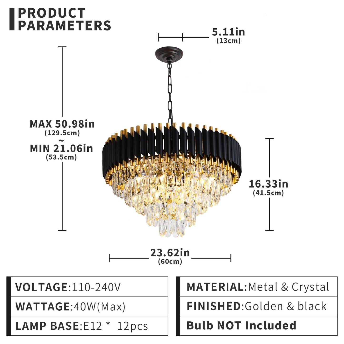 Modern Crystal Chandelier 5-Tier K9 Light Fixture 12 Bulbs
