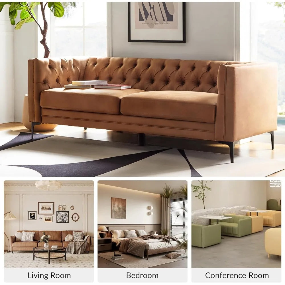 84 Inch Faux Leather Sofa Couch Mid Century Modern 3-Seater Living Room