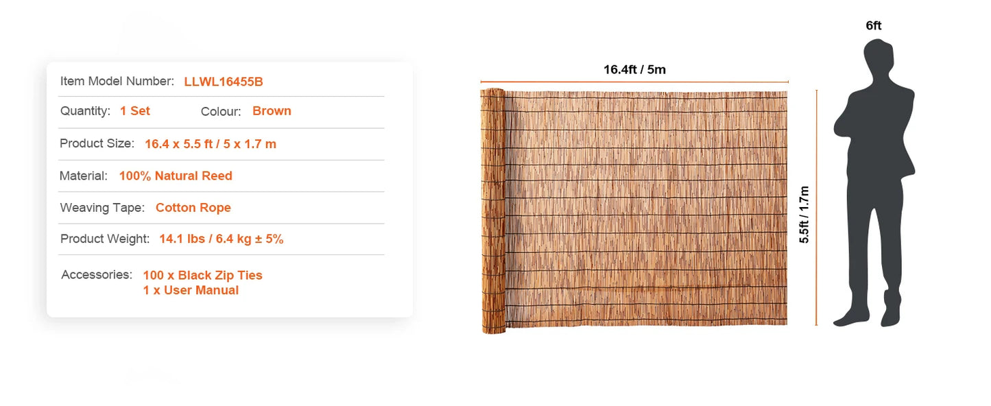 Natural Reed Fencing Roll 3.3ft x 13.3ft Outdoor Privacy Screen