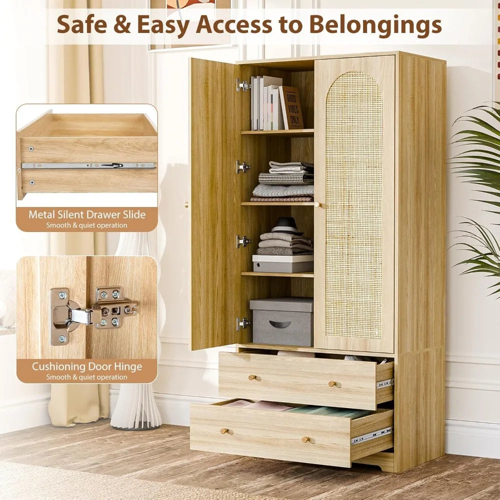 Ljustra Rattan Wardrobe Closet with Doors Drawers Hanging Rod Storage