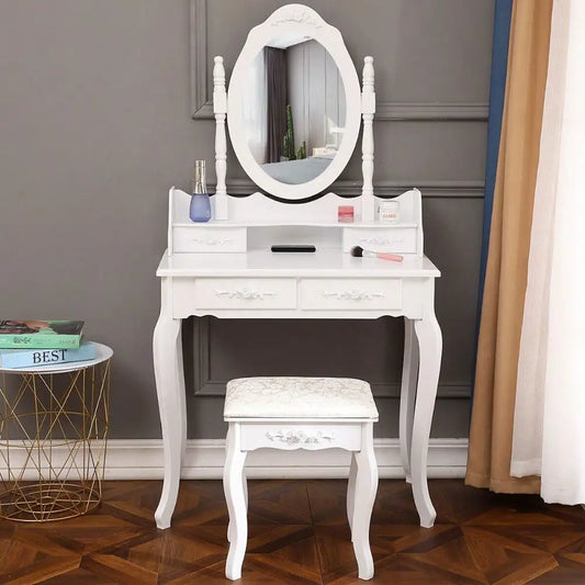 Makeup Vanity Table Set with Oval Mirror and 4 Drawers for Girls