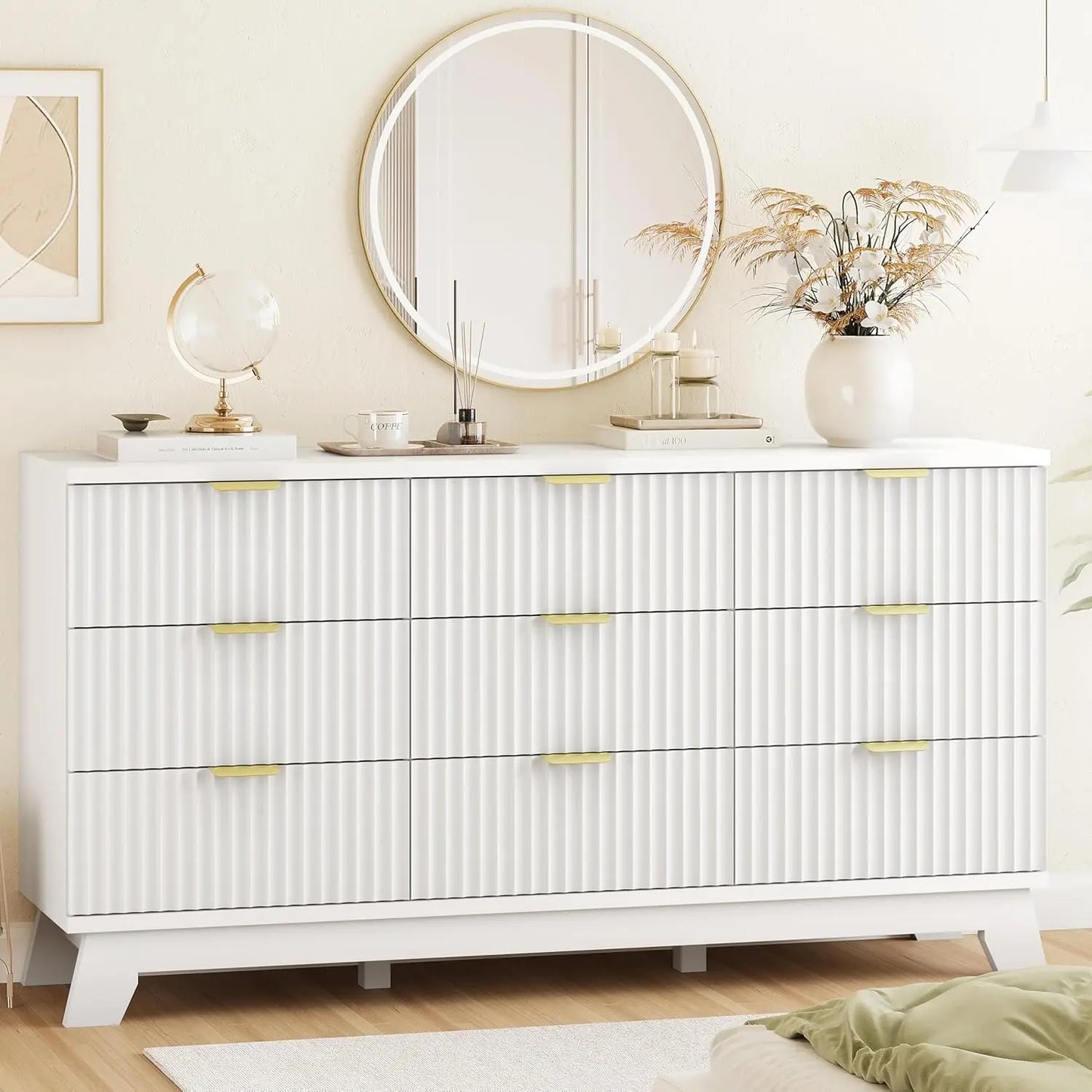 57 Inch Wide Fluted Dresser 9 Drawer Modern Chest of Drawers