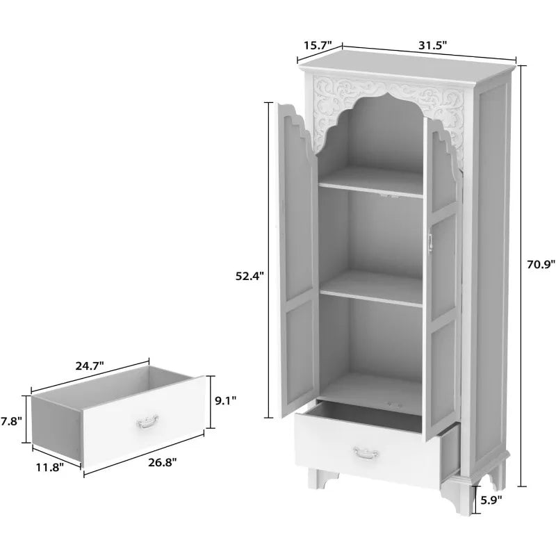 Carved Storage Cabinet 2 Glass Doors Drawer Living Room Furniture