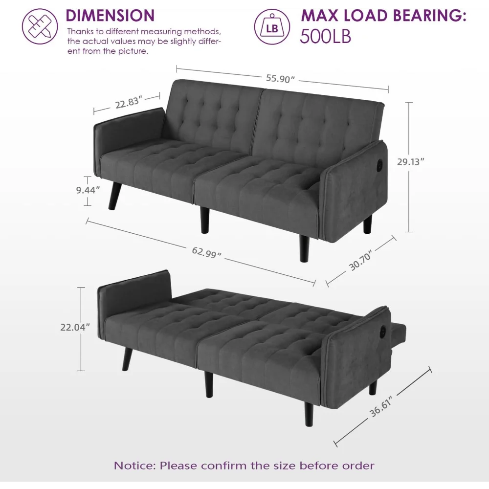 65 Inch Convertible Futon Sofa Bed with USB Small Adjustable Couch