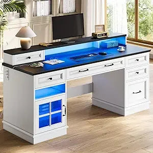 Farmhouse Executive Desk with Drawers LED Lights Power Outlet Storage