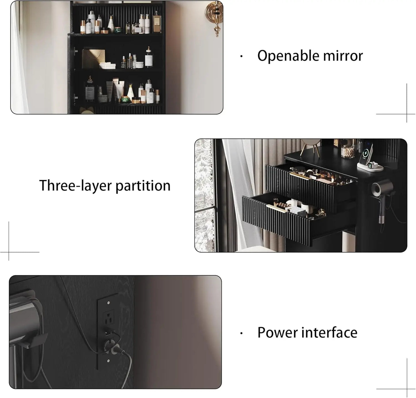 Black Vanity Desk with Mirror LED Lights Charging Station Makeup Table