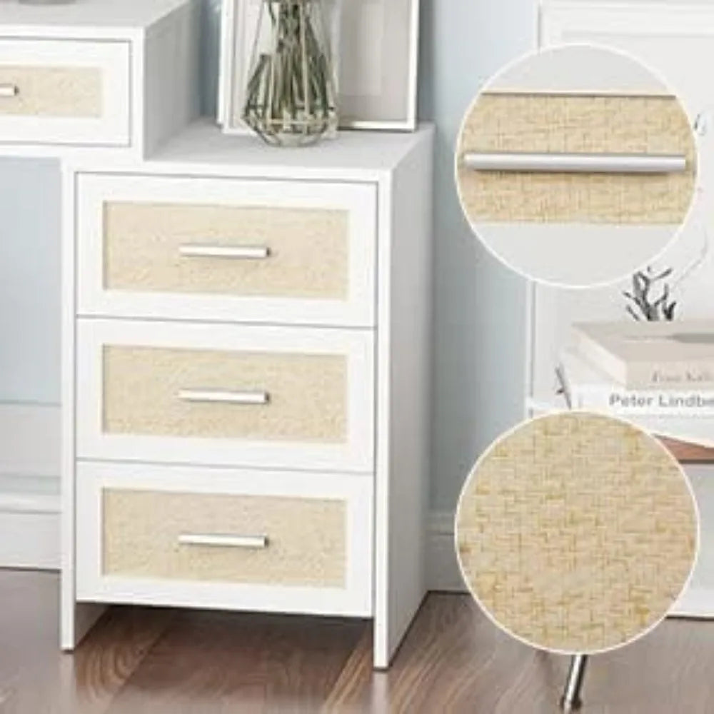 Boho Rattan Vanity Desk with Mirror Lights Bedroom Makeup Set