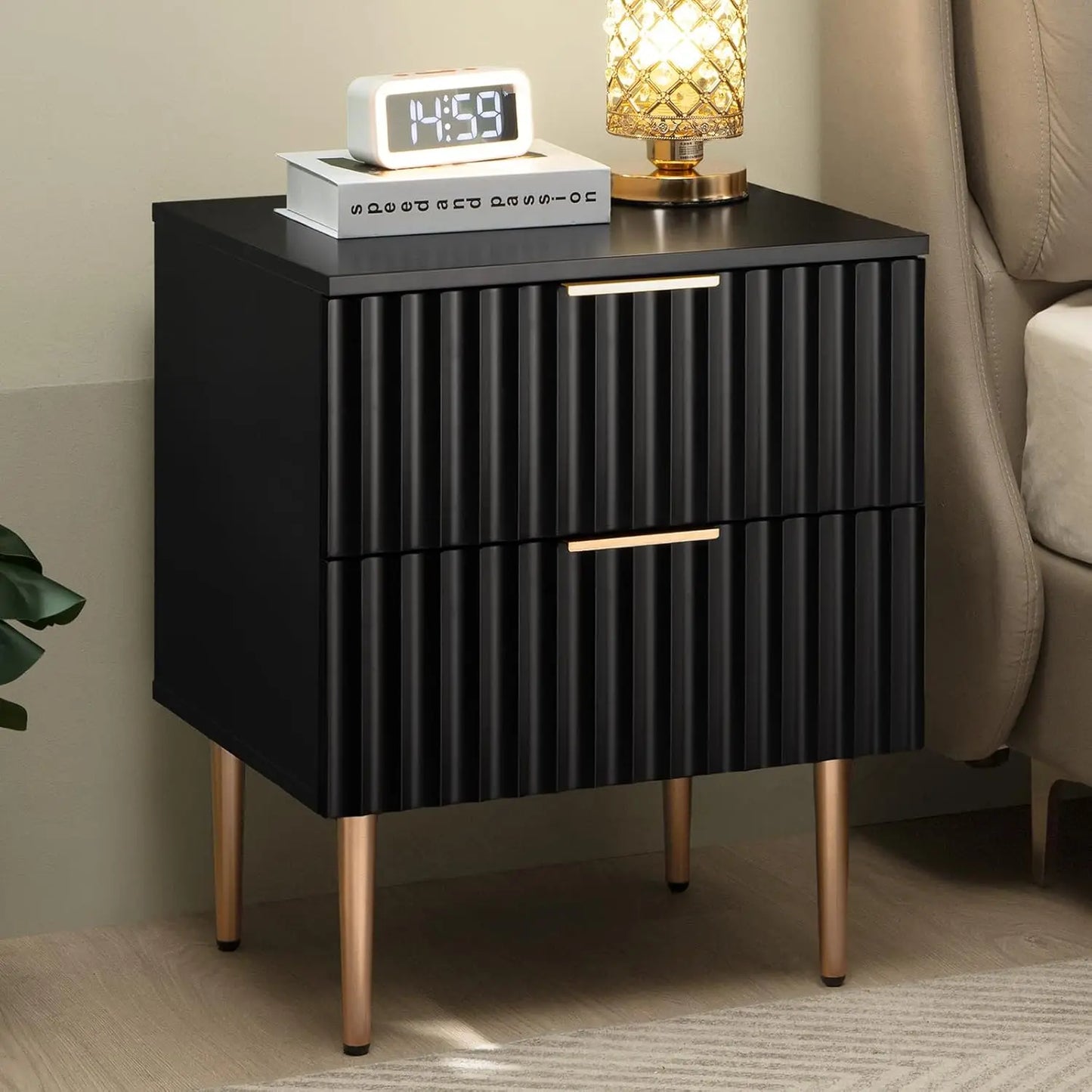 Modern Fluted Night Stand Set 2 Storage Bedside Table with Drawers