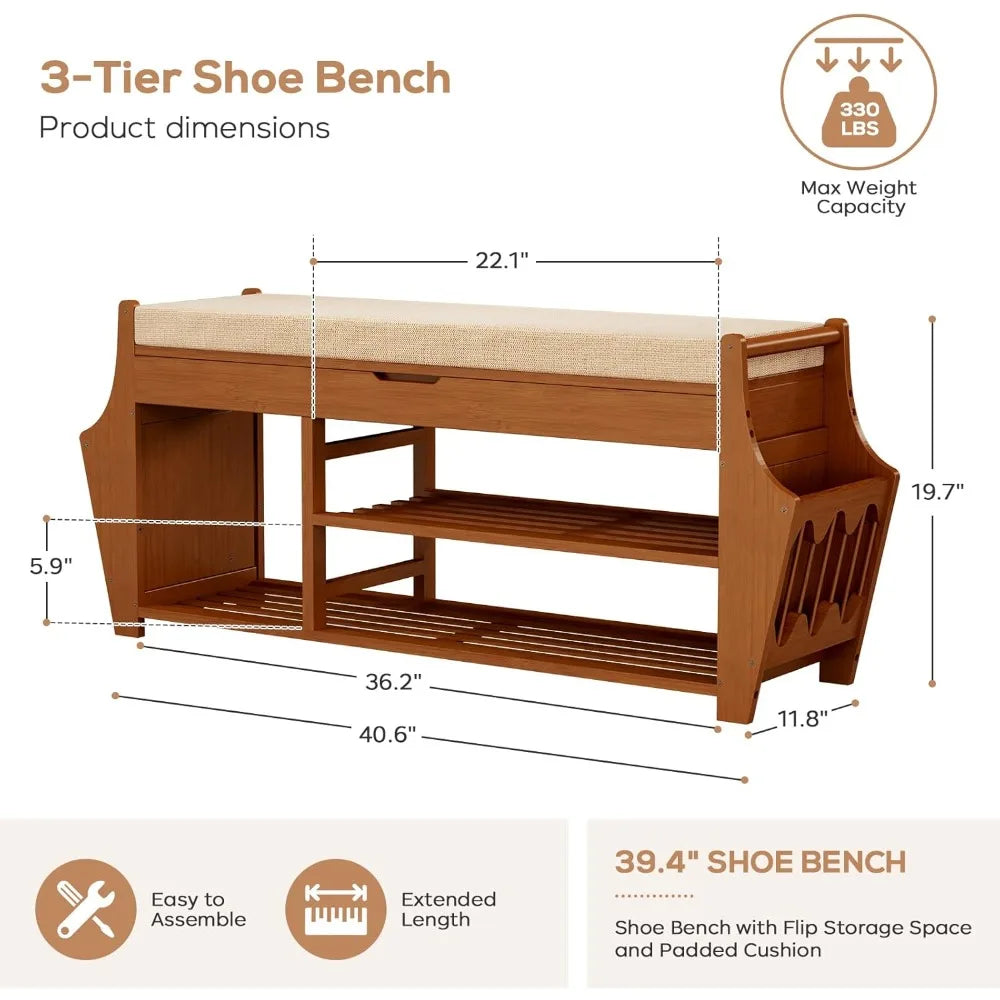 39.4in Bamboo Shoe Bench with Storage Cushion Entryway Organizer