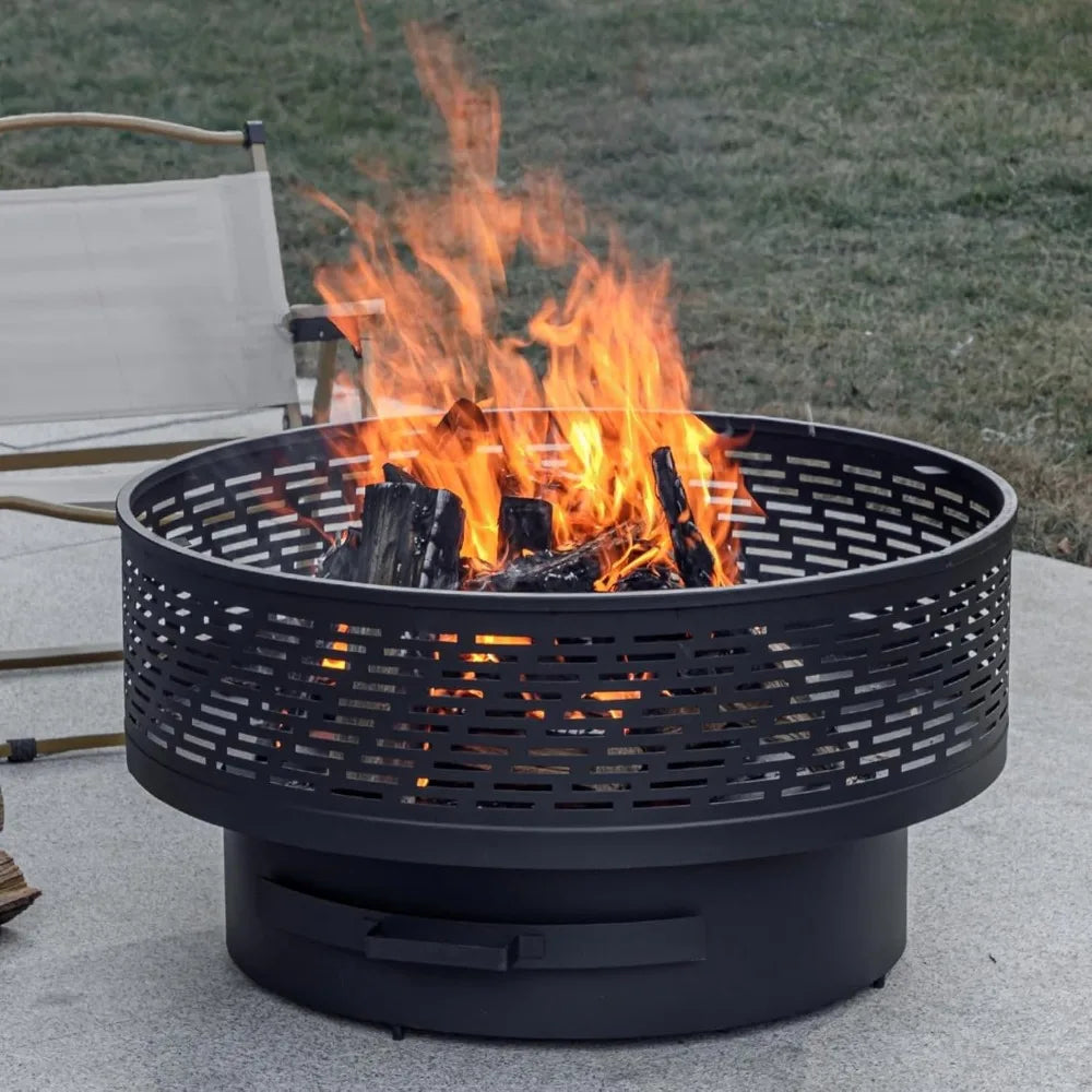 32 Inch Wood Burning Fire Pit Table with Grill Lid Waterproof Cover
