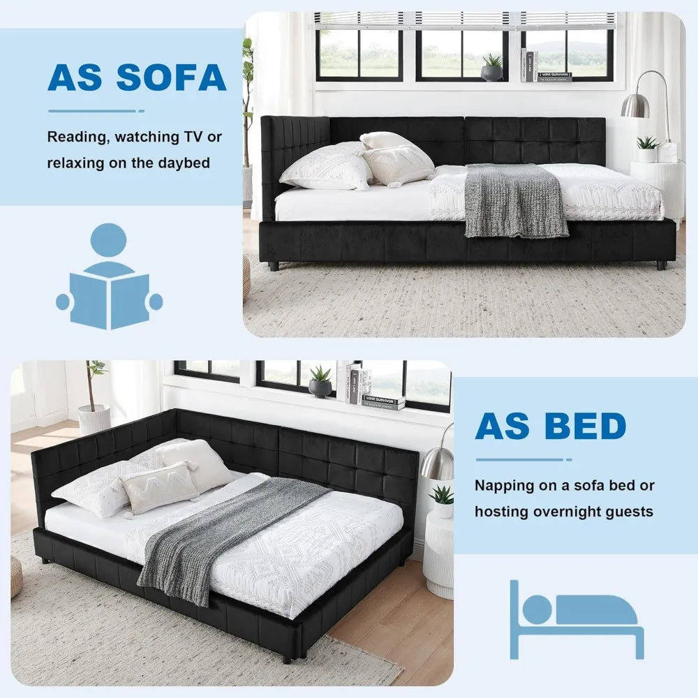 Full Size Corner Bed Frame Velvet Tufted L Shaped Daybed Modern Sofa