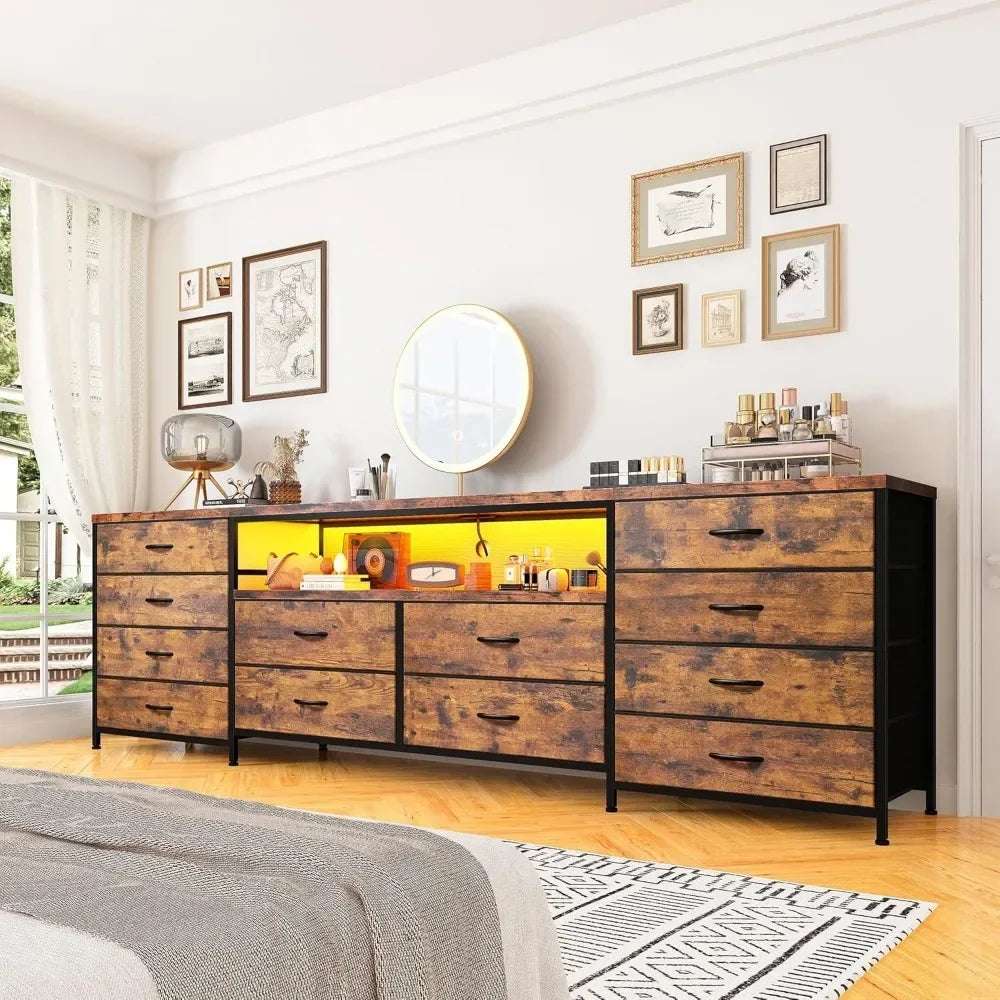 Ljustra 75 Inch TV Stand Dresser with LED Lights 12 Drawers and Outlets