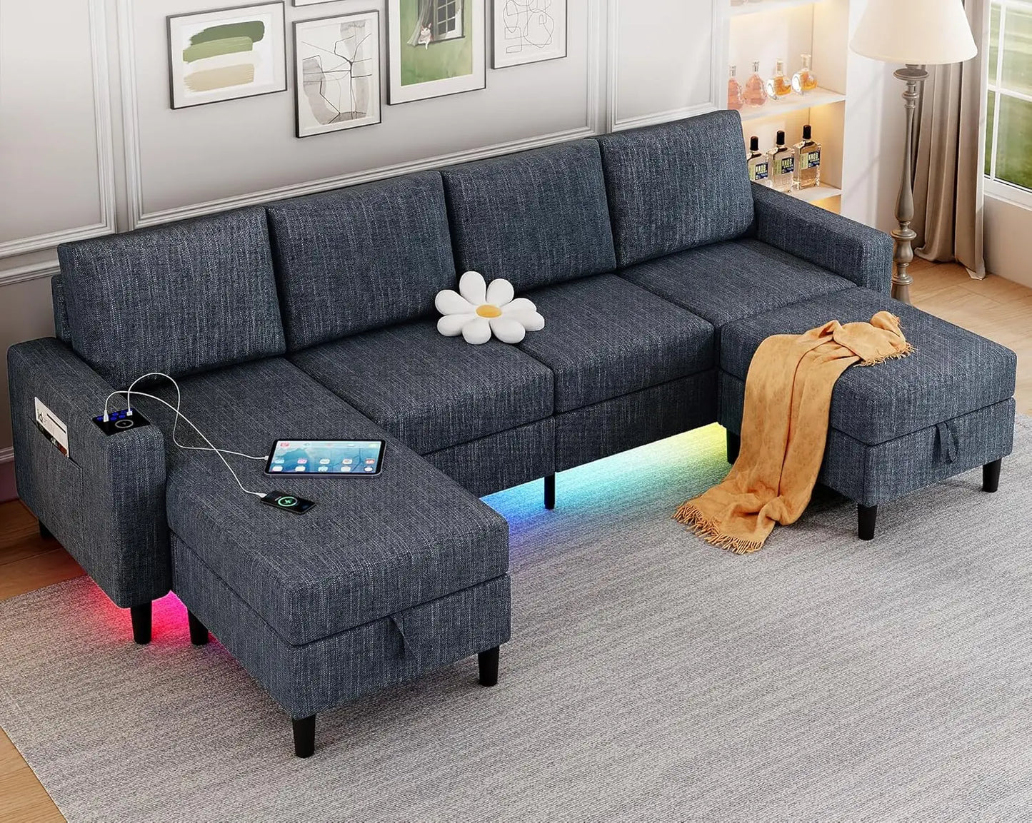 Ljustra U Shaped Sectional Sofa with Wireless Charging for Living Room