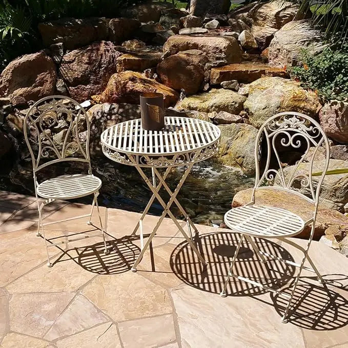 Versailles Antiqued Iron 3pc Folding Bistro Set Outdoor Dining Furniture