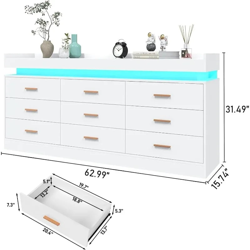 Modern 9 Drawer Dresser with LED Light and Charging Station
