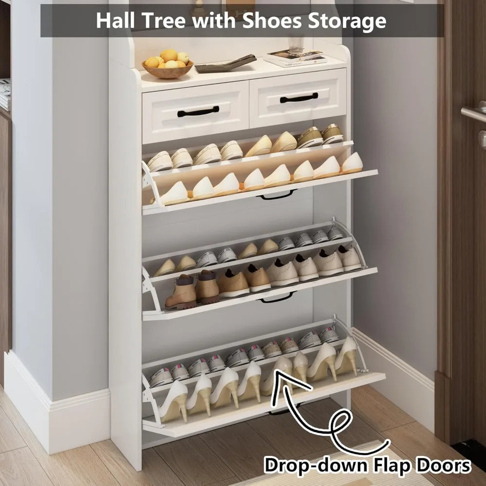 Hall Tree with Shoe Storage Farmhouse Entryway Coat Rack Organizer