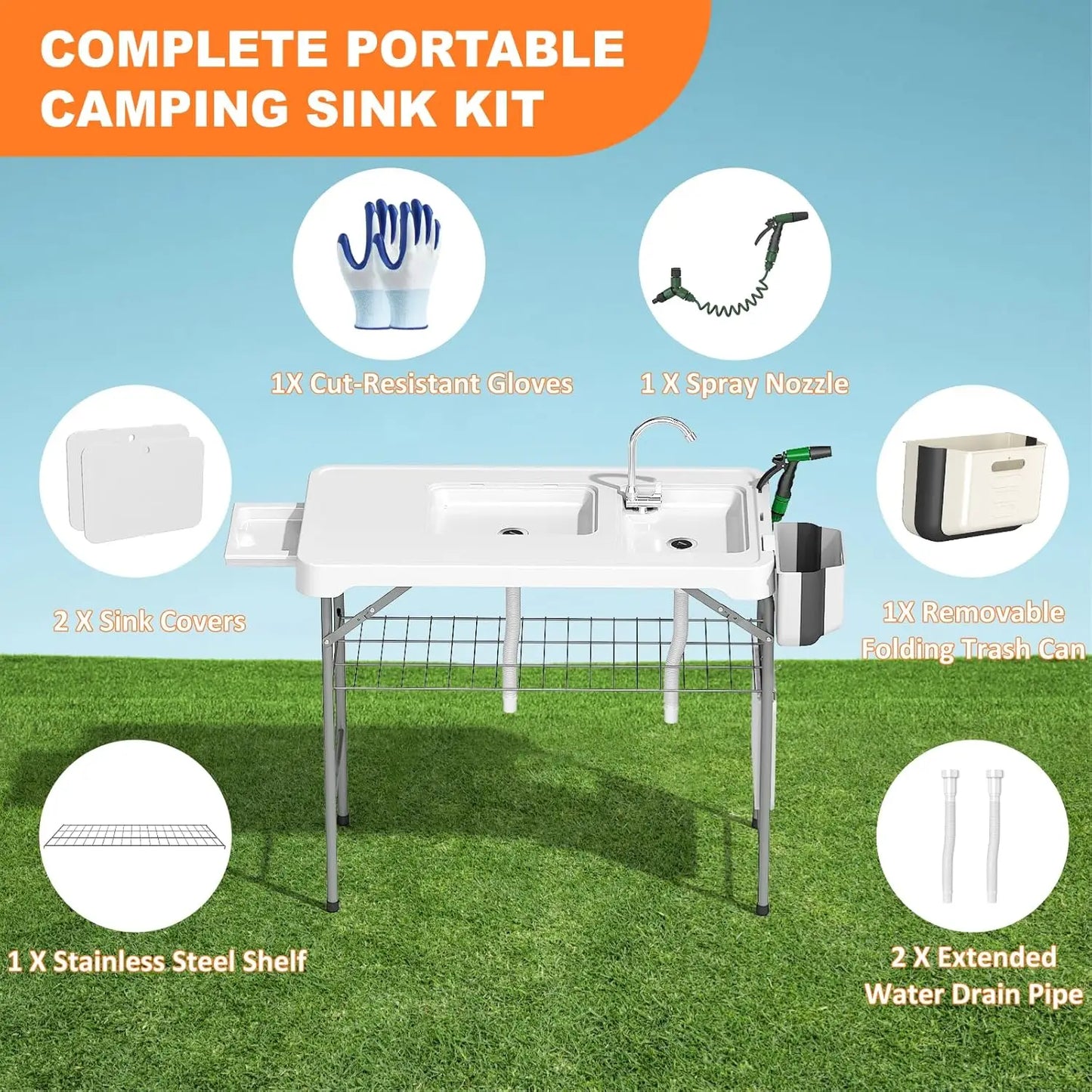 Folding Fish Cleaning Table with 2 Sinks Portable Camping Outdoor