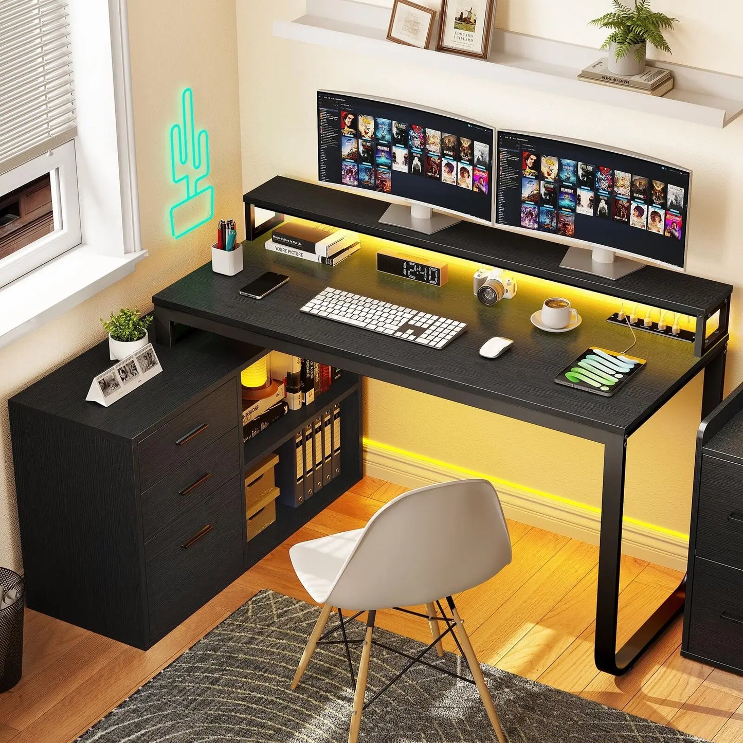 L-Shape Gaming Computer Desk with File Drawers for Home Office