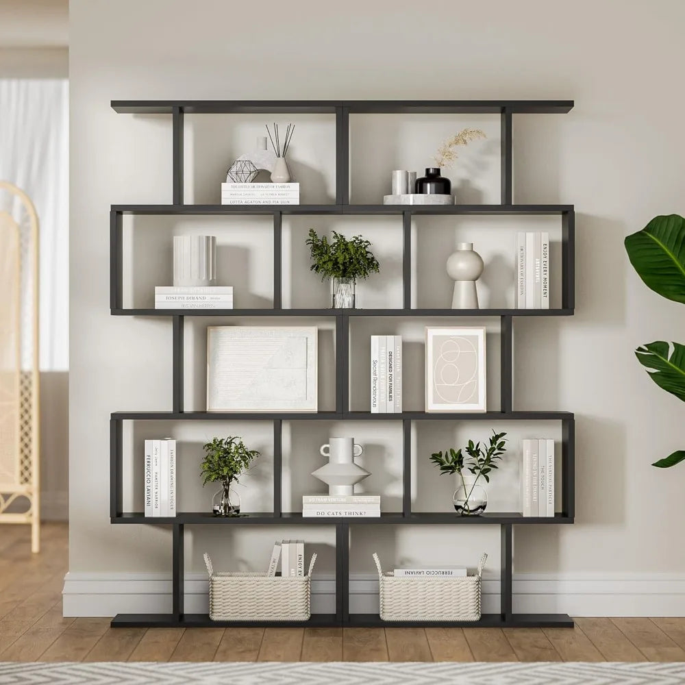 Black 5-Tier Geometric Bookcase Modern S-Shaped Bookshelf Room Divider