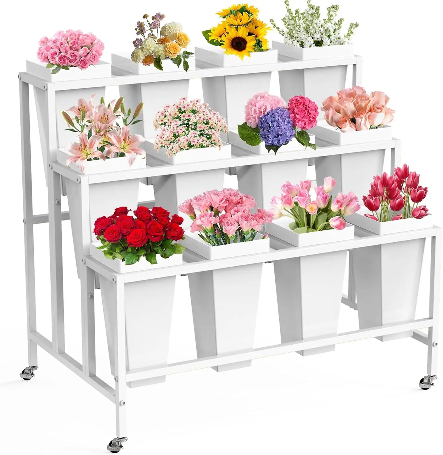 Flower Display Stand 12 Buckets 3 Layers Metal Cart with Wheels for Florists