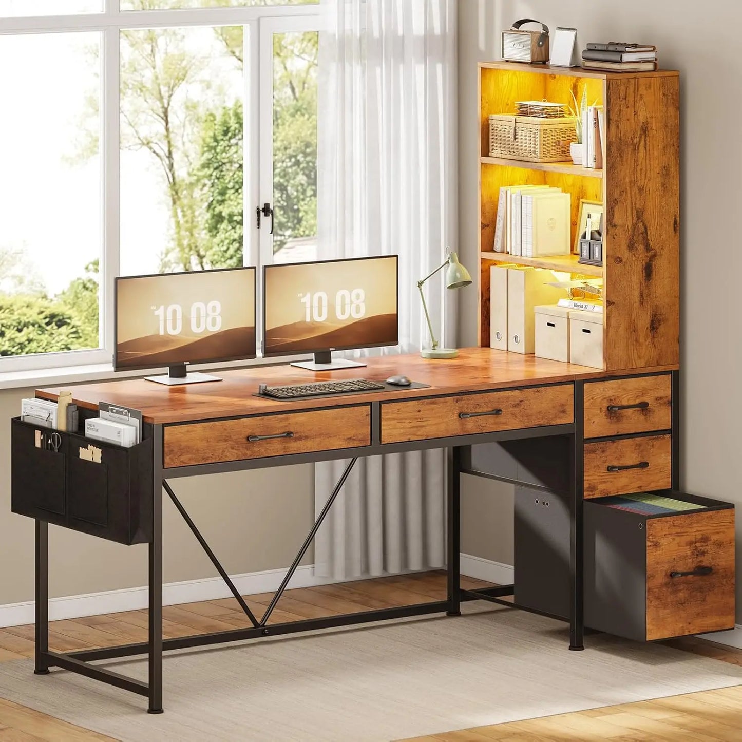 Computer Gaming Desk with 5 Drawers Bookshelf Reversible Home Office