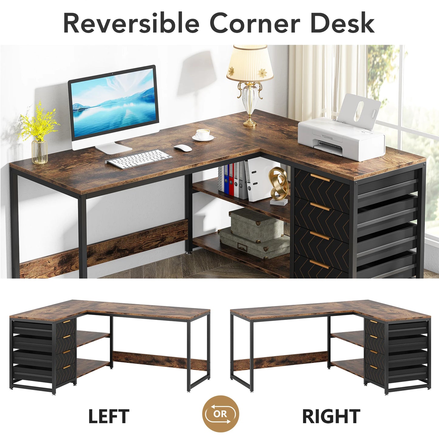 L Shaped Computer Desk with Storage Drawers Reversible Corner Desk