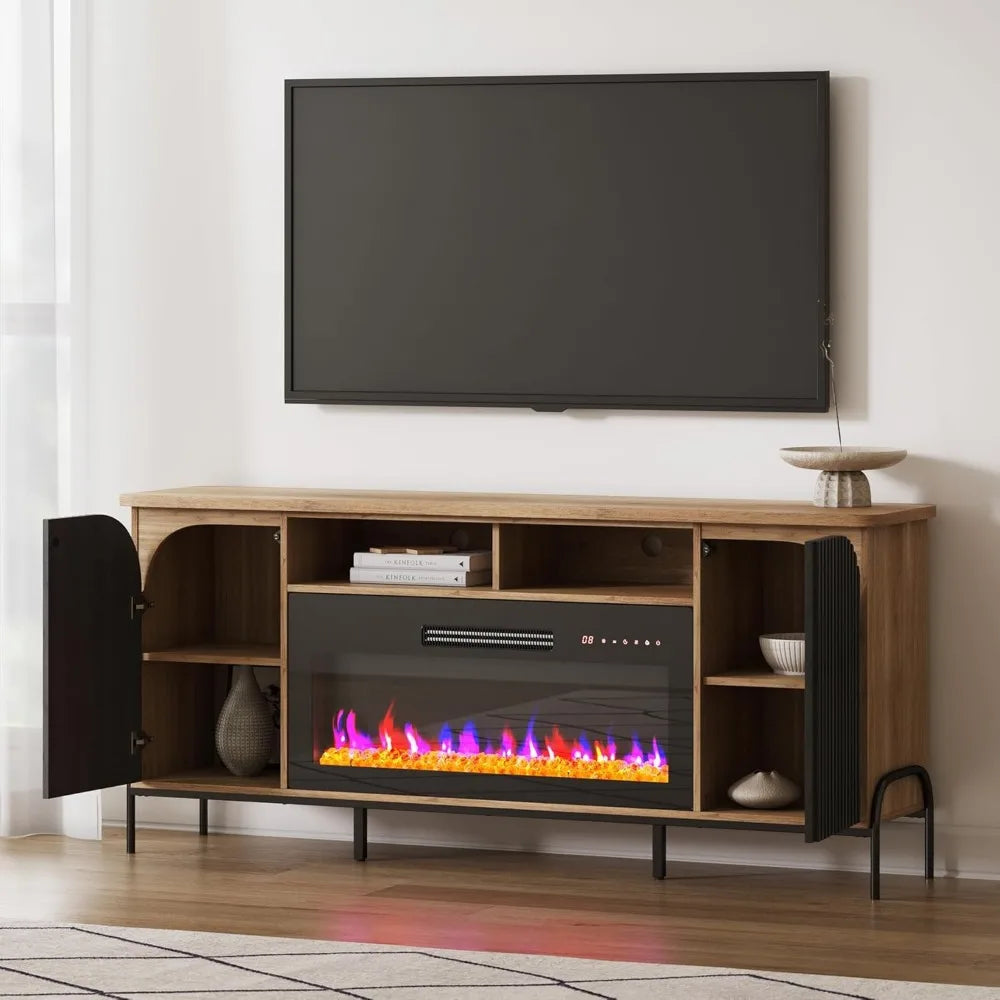 68 Inch Fluted TV Stand with Electric Fireplace Modern Entertainment Center