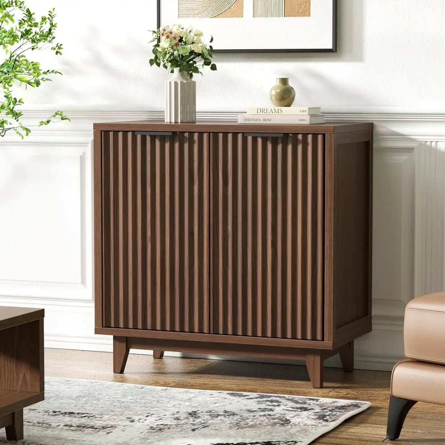 Ljustra Modern Fluted Storage Cabinet Sideboard with 3 Drawers and Doors