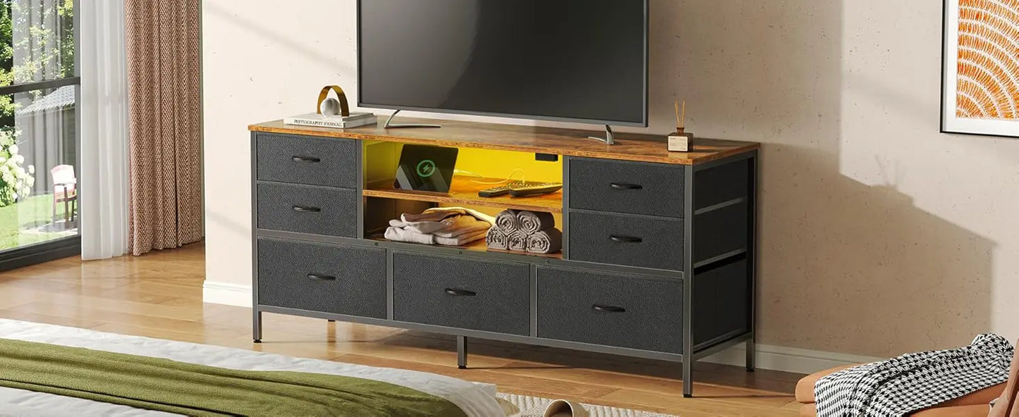 Modern TV Stand with Power Outlets LED Lights 7 Drawer Console
