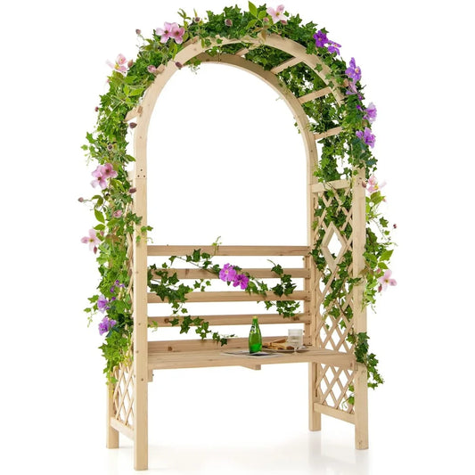 Ljustra 81.5 Inch Wooden Garden Arch with 2 Person Bench Outdoor Decor